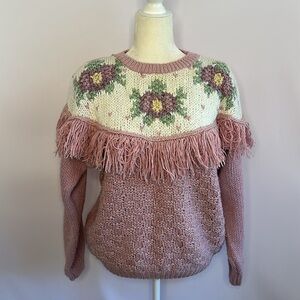 Vintage 1980s Floral Knit and Fringe Pink Sweater